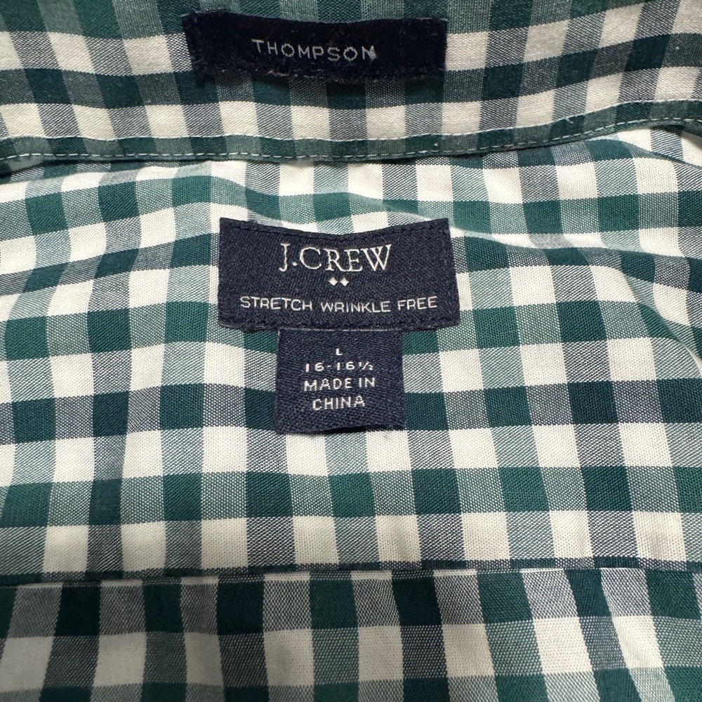 green and white checkered mens long sleeve polo size large brand J. Crew